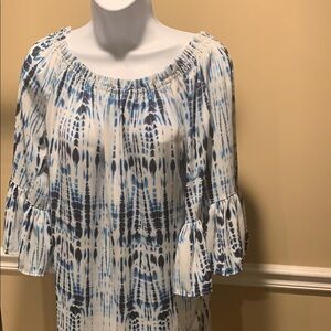 Karen Kane Blue and White Smocked Ruffled Blouse